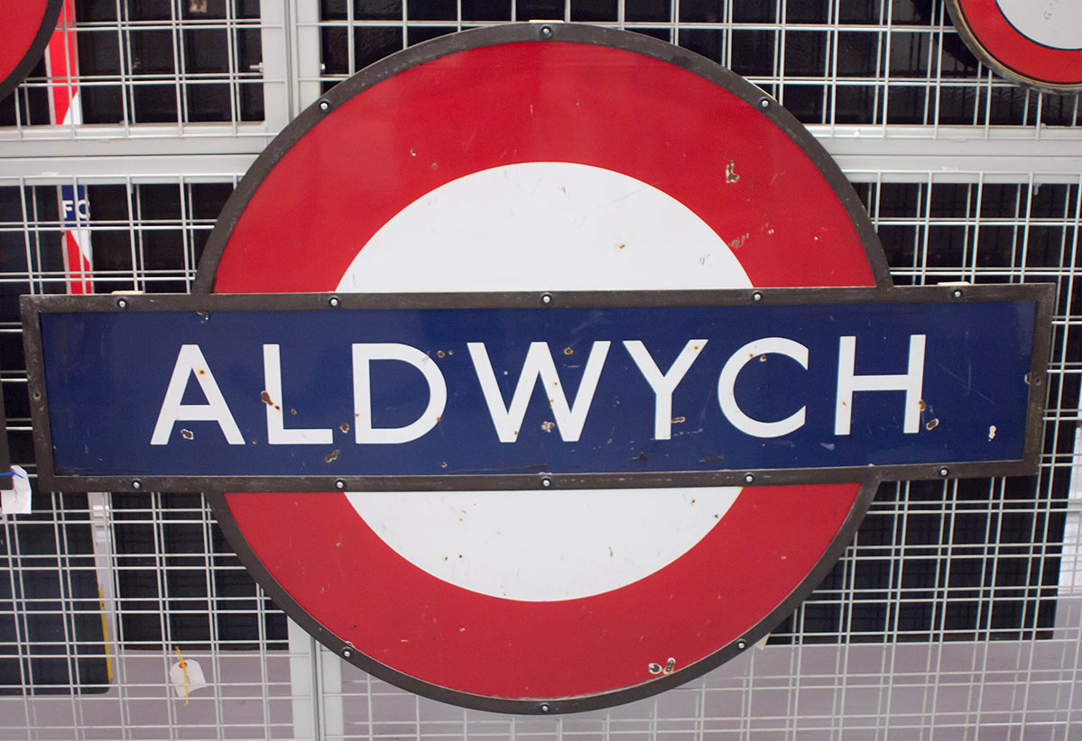 London Underground sign for Aldwych in the London Transport Musuem.