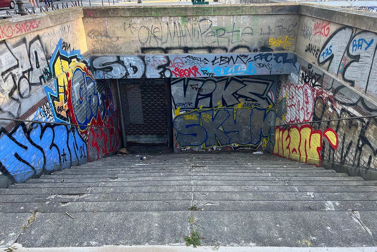 The boarded up entrance to the Arsenal station on the Paris Metro